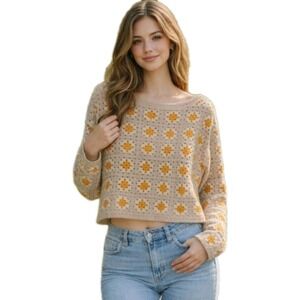 Industry‎ Crochet Granny Square Crop Sweater Beige M Layer